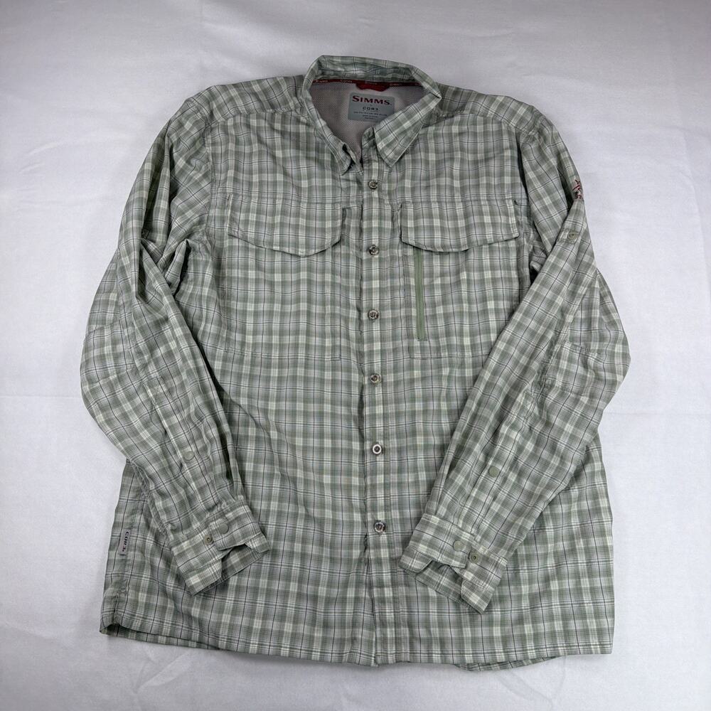 Simms COR3 Men’s L Plaid Fishing Shirt LS Yellowstone Club Logo Sage Green